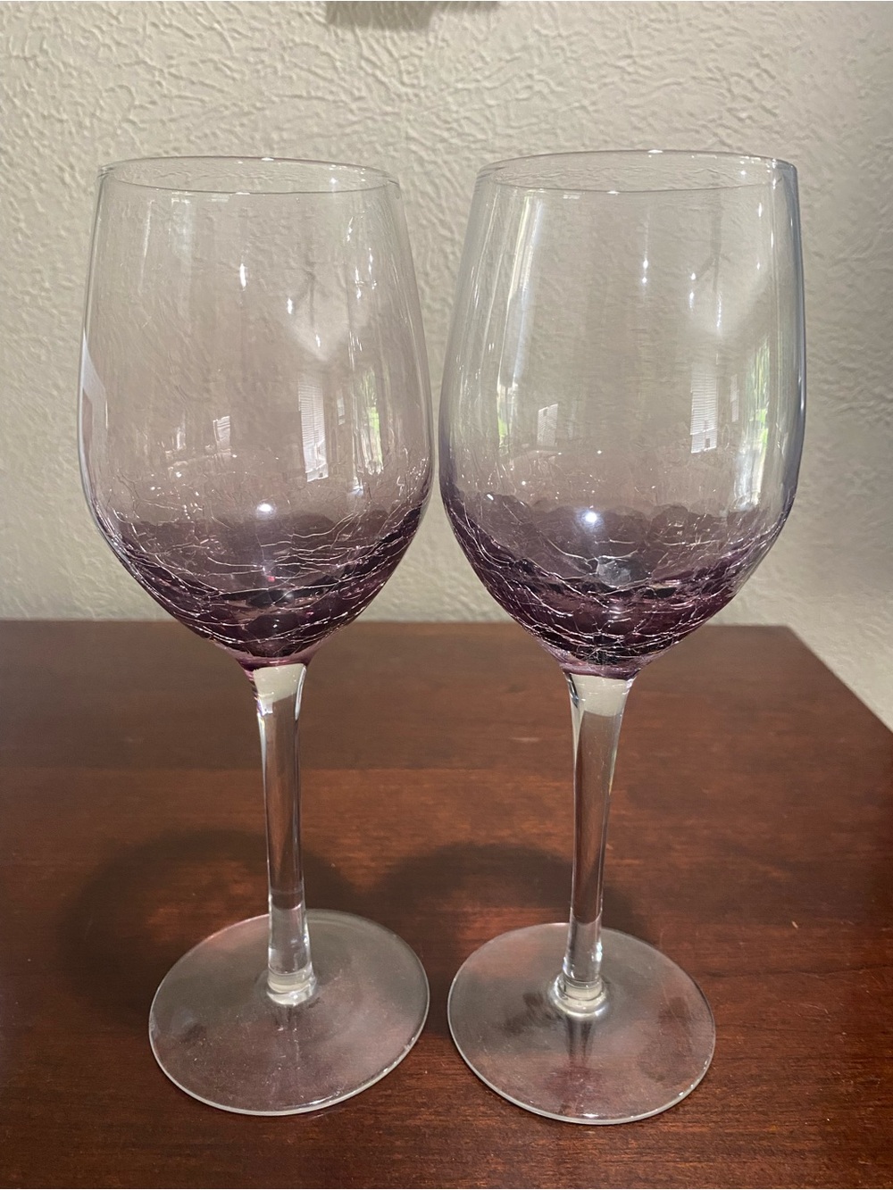 Discontinued, Set of 2, Pier 1, Handblown Purple Crackle Wine Glasses